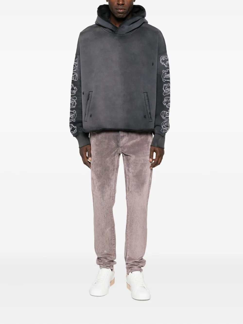 Özel Giyim Üreticisi Dijital Baskılı Grafik Eskitme Nakışlı 430g Pamuklu Cepli Kapüşonlu Sweatshirt 4