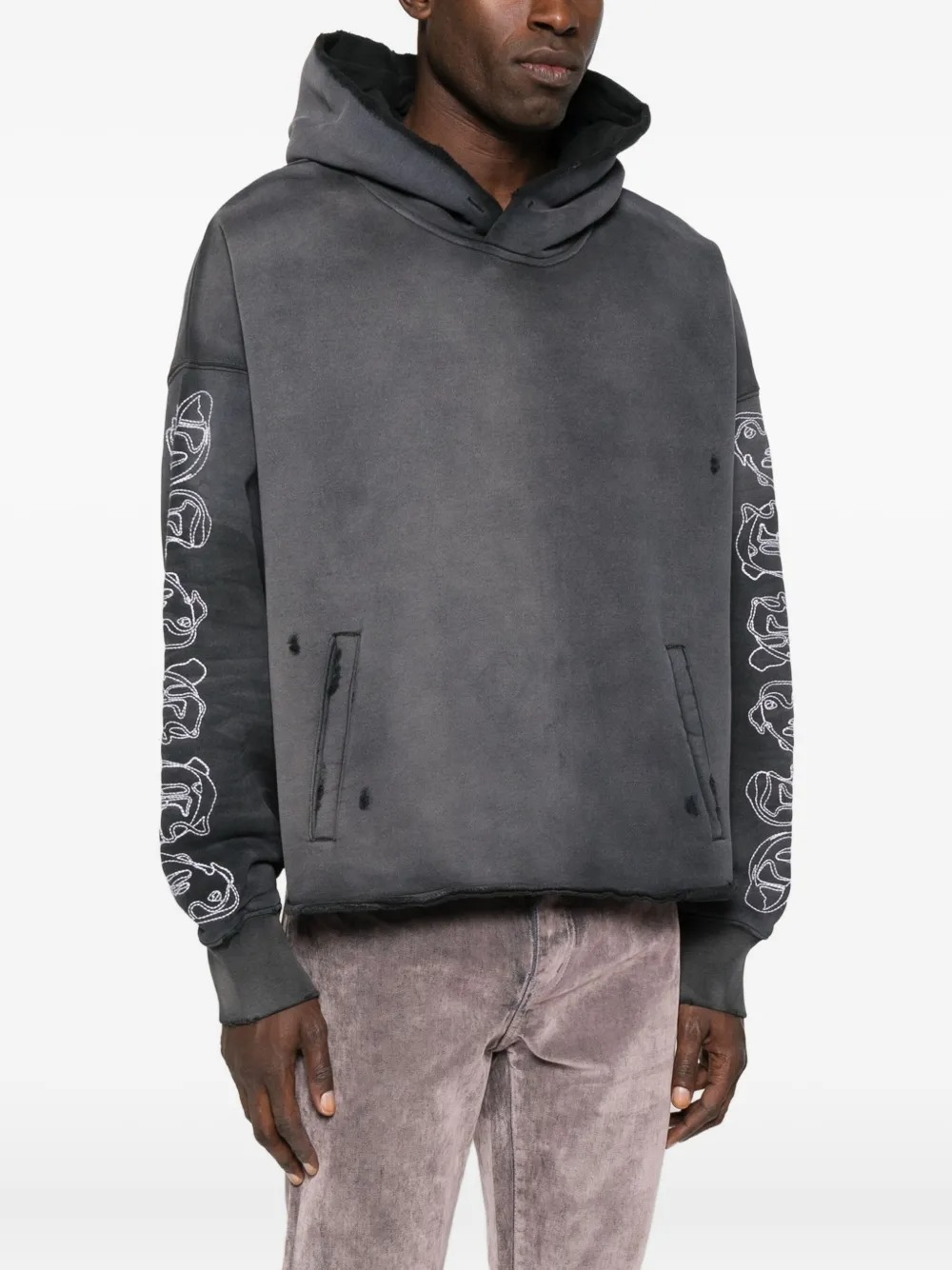 Özel Giyim Üreticisi Dijital Baskılı Grafik Eskitme Nakışlı 430g Pamuklu Cepli Kapüşonlu Sweatshirt 2