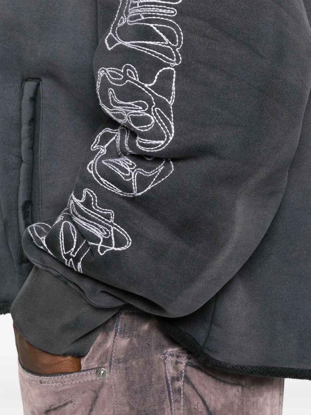 Özel Giyim Üreticisi Dijital Baskılı Grafik Eskitme Nakışlı 430g Pamuklu Cepli Kapüşonlu Sweatshirt 5