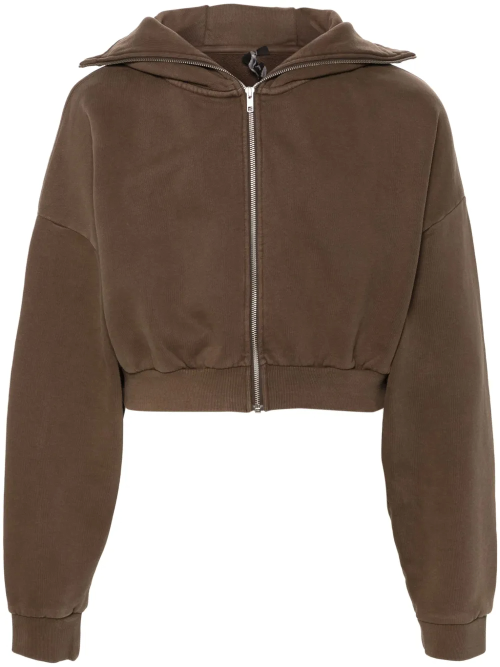 420 GSM Zip-Up Long-Sleeved Drop Shoulder Stand Collar Organic Cotton Cropped Hoodie-CPHD004