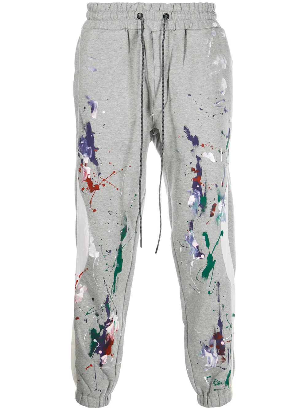 400GSM Heather Grey 100% Cotton Terry Tapered Joggers | Multicolor Paint-Splattered Detail, Drawstring Waist, Elasticated Ankles-TJ001