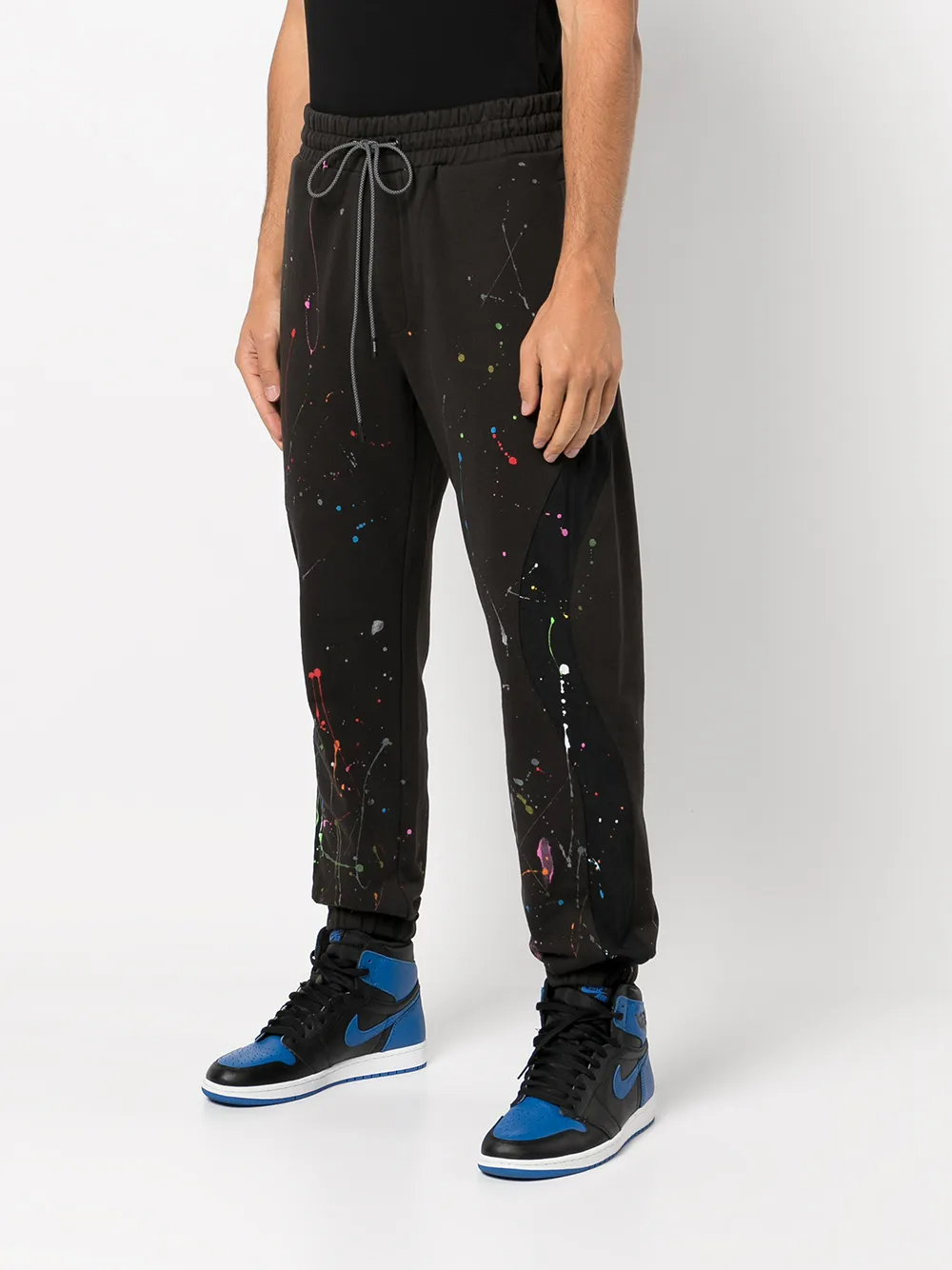 400GSM Black 100% Cotton Paint-Splattered Tapered Joggers | Multicolor Splatter Detail, Drawstring Waist, Side Slit Pockets-TJ002 4