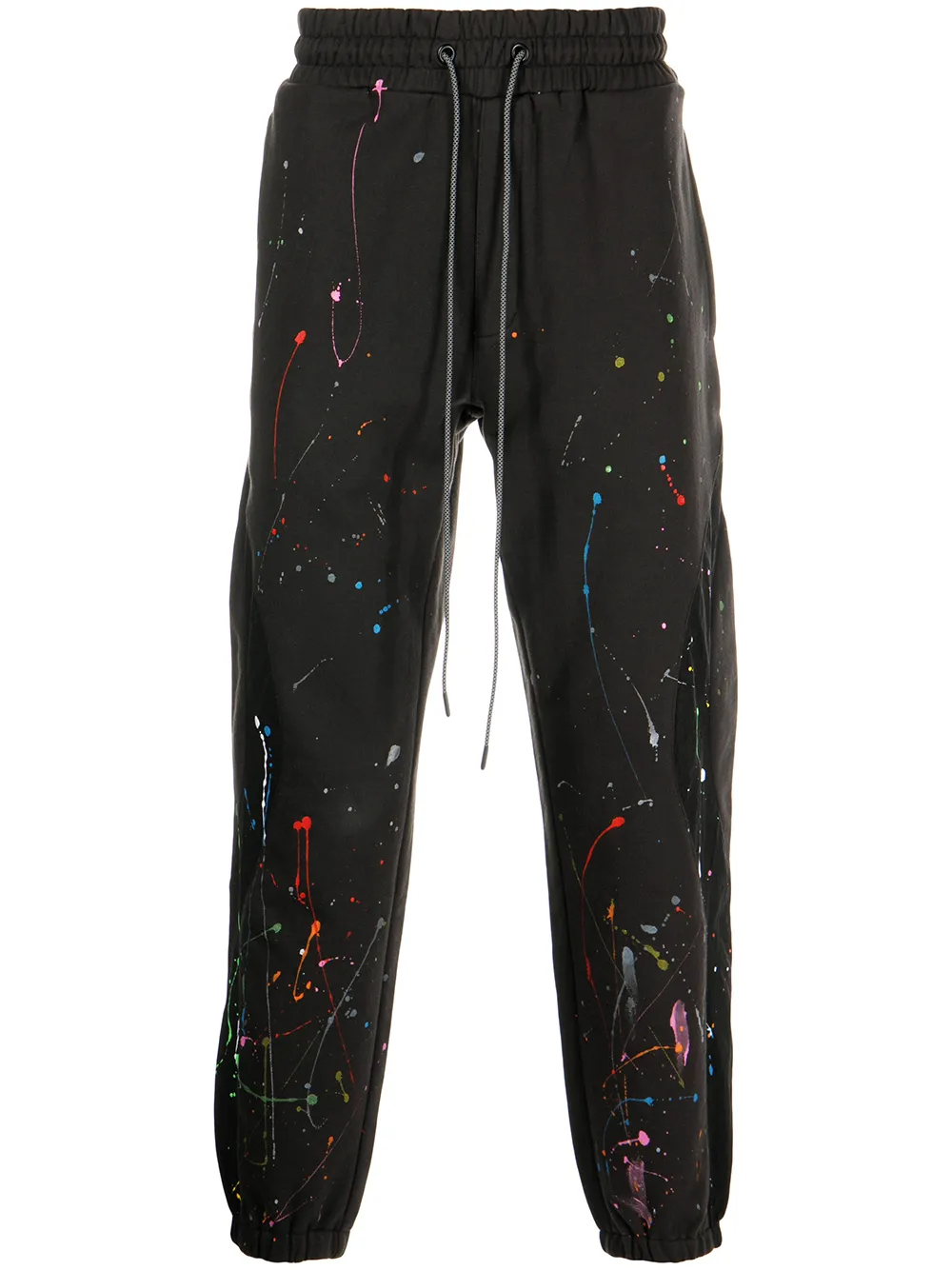 400GSM Black 100% Cotton Paint-Splattered Tapered Joggers | Multicolor Splatter Detail, Drawstring Waist, Side Slit Pockets-TJ002