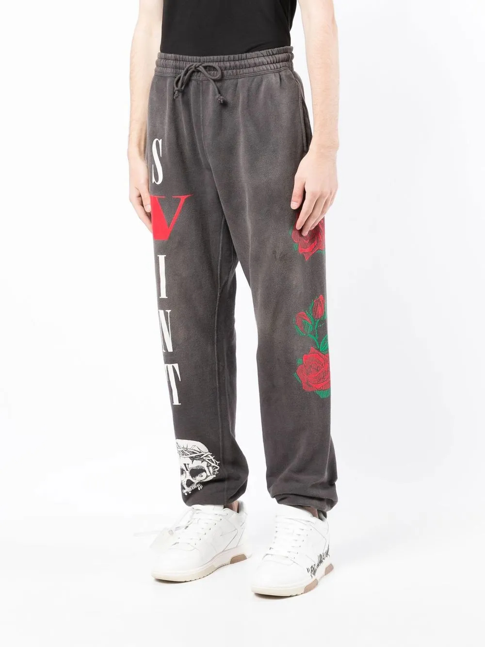Pantalon de jogging fuselé en coton 100 % noir délavé 420 g/m² | Imprimé logo, détails tête de mort et rose, taille élastiquée avec cordon de serrage - YJ003 3