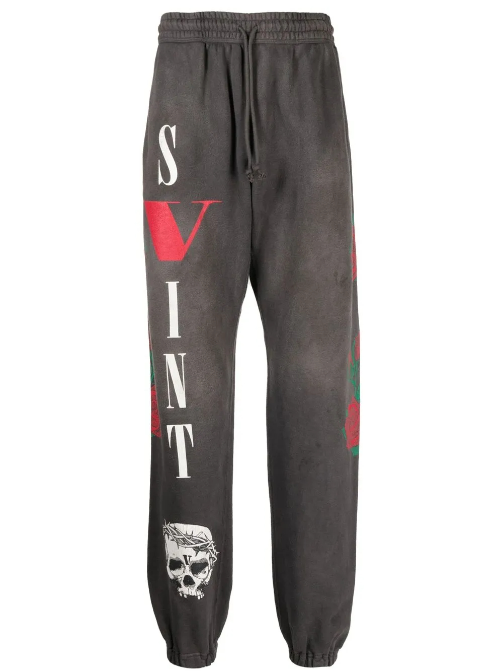 420GSM Faded Black 100% Cotton Graphic Tapered Joggers | Logo Print, Skull & Rose Details, Drawstring Waist-YJ003