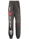 Pantalon de jogging fuselé en coton 100 % noir délavé 420 g/m² | Imprimé logo, détails tête de mort et rose, taille élastiquée avec cordon de serrage - YJ003 1