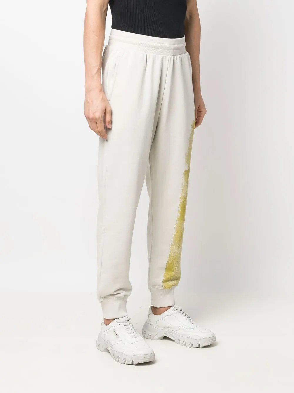 Pantalon de jogging fuselé en coton 100 % blanc cassé (400 g/m²) à imprimé graphique | Imprimé abstrait jaune intégral, taille mi-haute élastique, poches latérales - TJ004 4