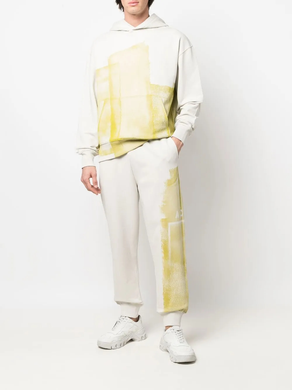 Pantalon de jogging fuselé en coton 100 % blanc cassé (400 g/m²) à imprimé graphique | Imprimé abstrait jaune intégral, taille mi-haute élastique, poches latérales - TJ004 3