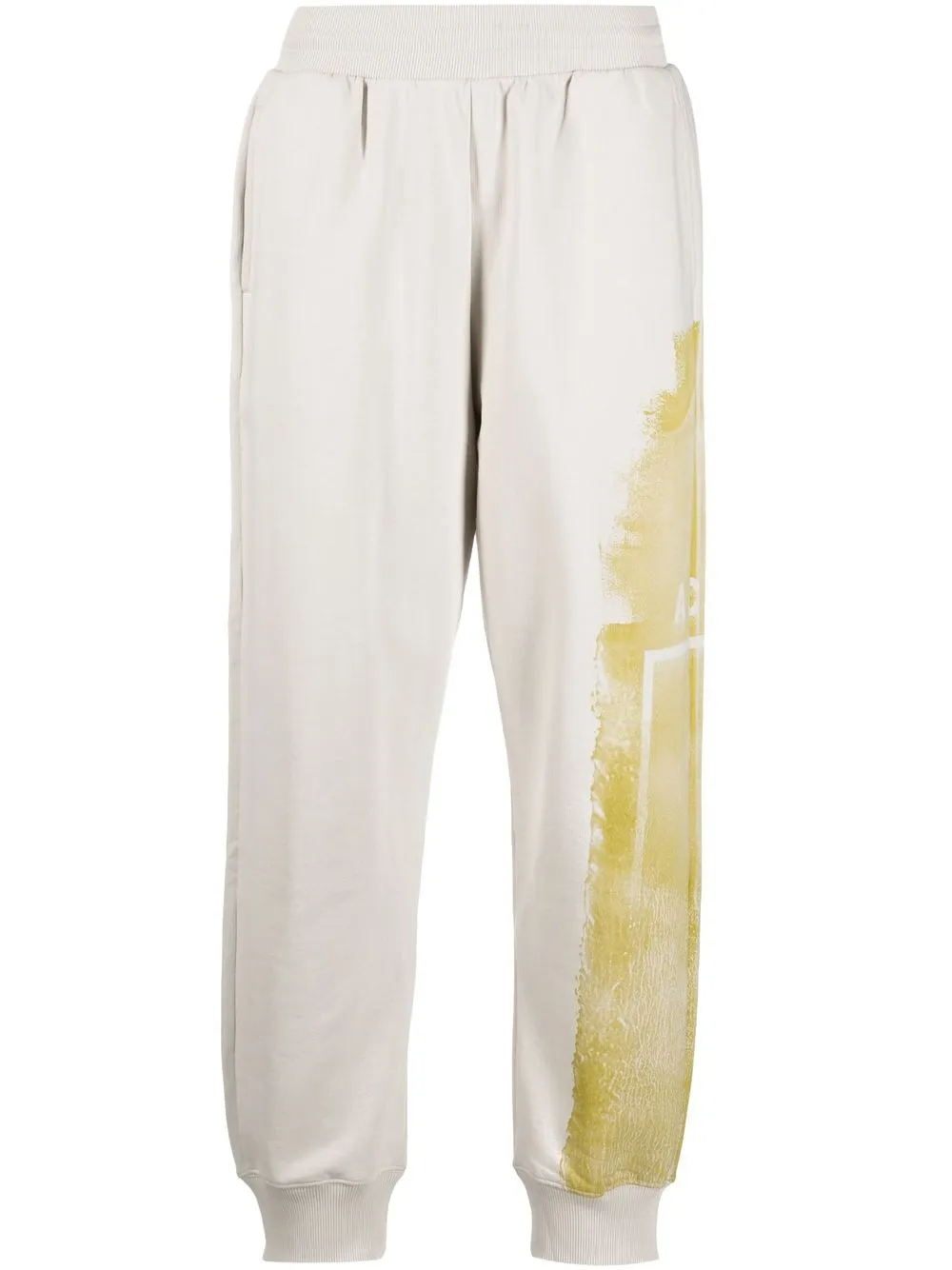 400GSM Bone White 100% Cotton Graphic-Print Tapered Joggers | Yellow Abstract All-Over Print, Mid-Rise Elastic Waist, Side Slip Pockets-TJ004