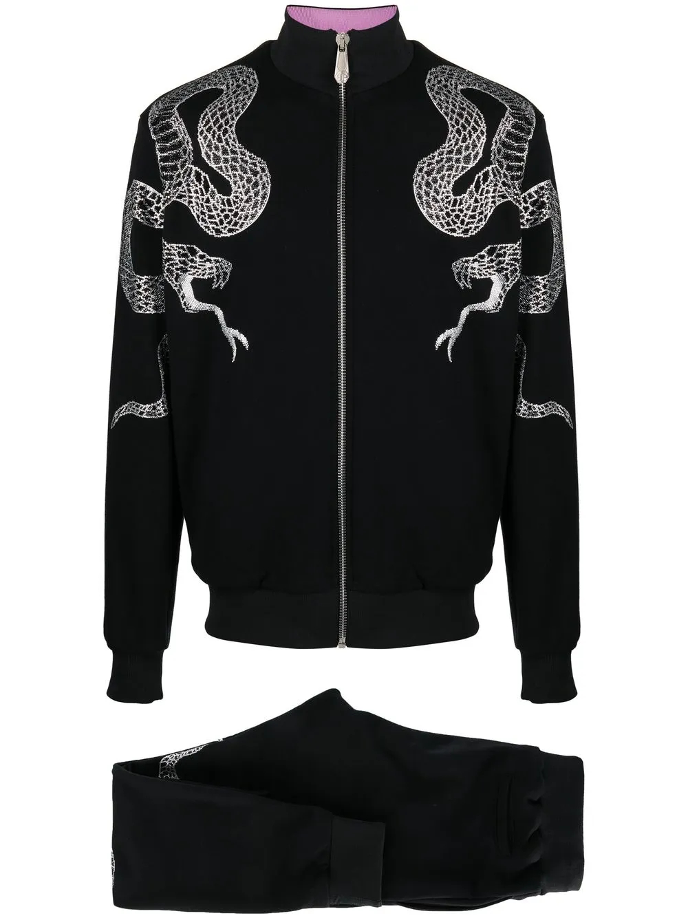 460GSM Black Crystal Snake-Embellished Tracksuit | 100% Cotton Jersey Zip-Up Sweater + Tapered Joggers Set-SSS003