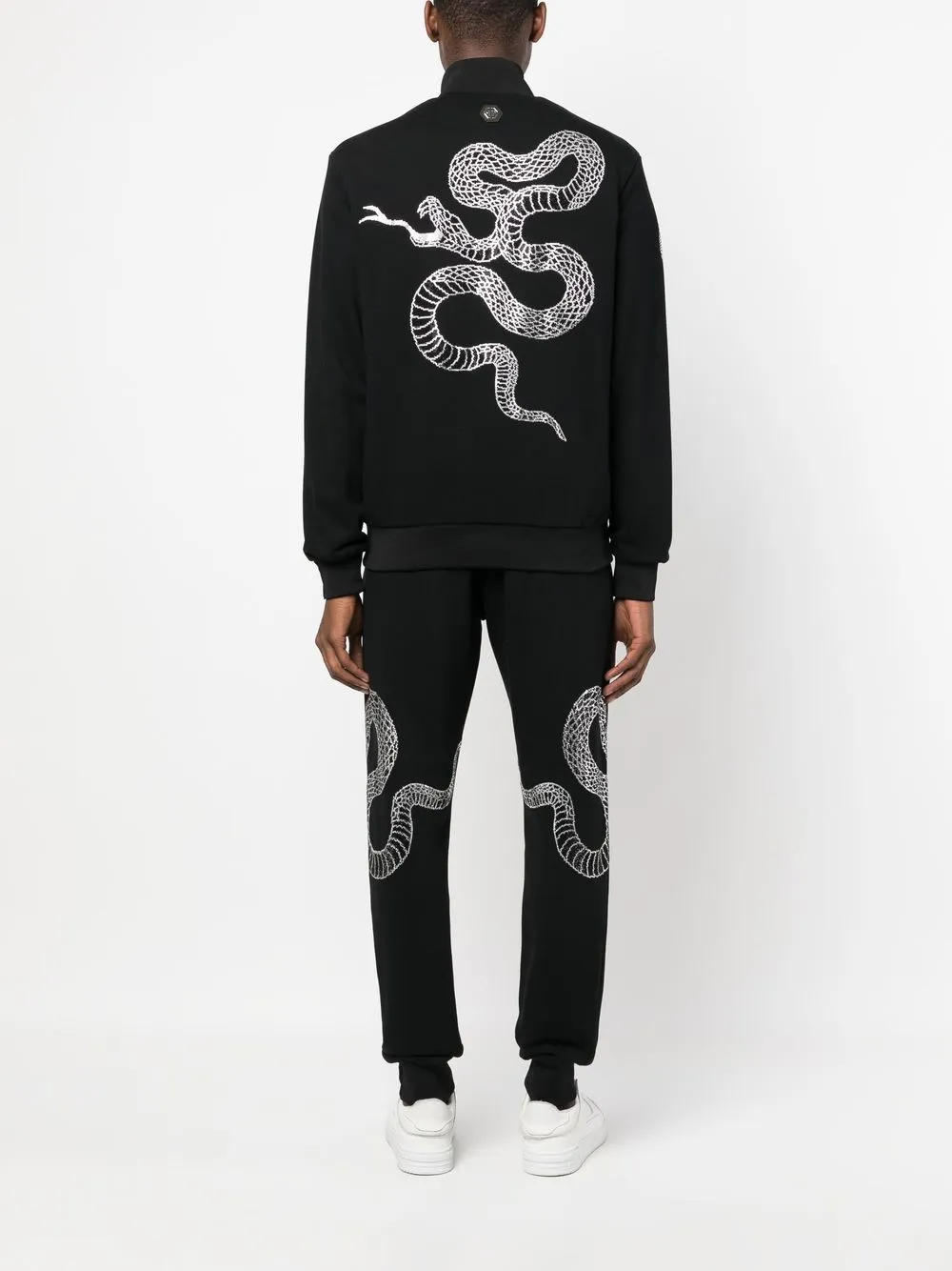 Conjunto deportivo de 460 g/m² con estampado de serpiente y cristales negros | Suéter con cremallera y pantalón deportivo ajustado, 100 % algodón jersey - SSS003 3