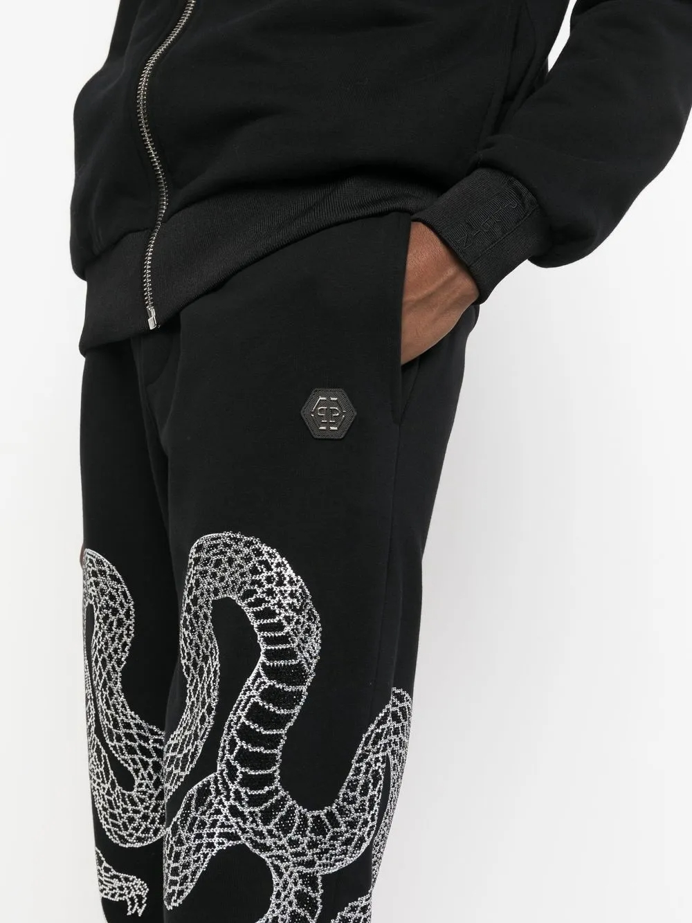 Conjunto deportivo de 460 g/m² con estampado de serpiente y cristales negros | Suéter con cremallera y pantalón deportivo ajustado, 100 % algodón jersey - SSS003 5