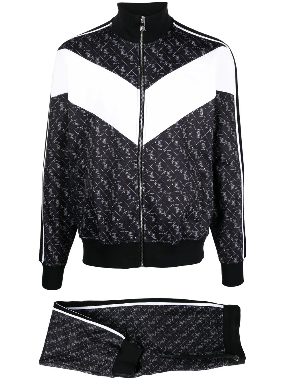 420GSM Black & White Monogram Print Tracksuit | Italian-Made 55/45 Cotton-Blend Zip-Up Jacket + Tapered Joggers Set-SSS004