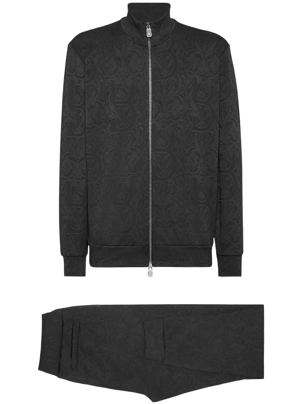 440GSM Black 100% Cotton Monogram Jersey Tracksuit | Zip-Up Cardigan + Tapered Joggers Set-SSS005
