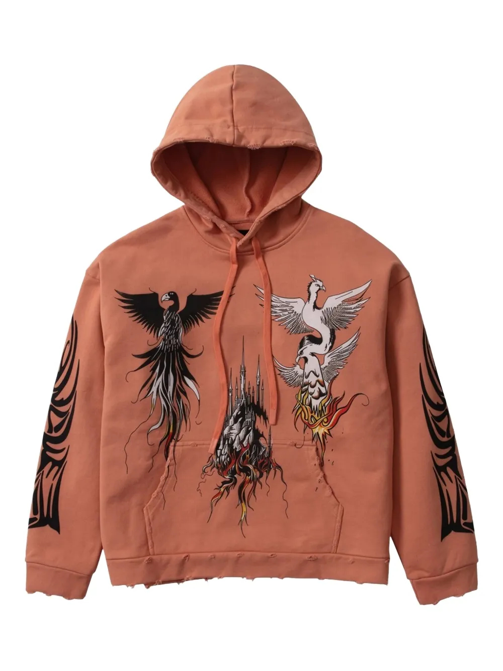 420GSM Heavyweight Terracotta Tattoo-Style Bird & Castle Print Cotton Hoodie | Distressed Hem