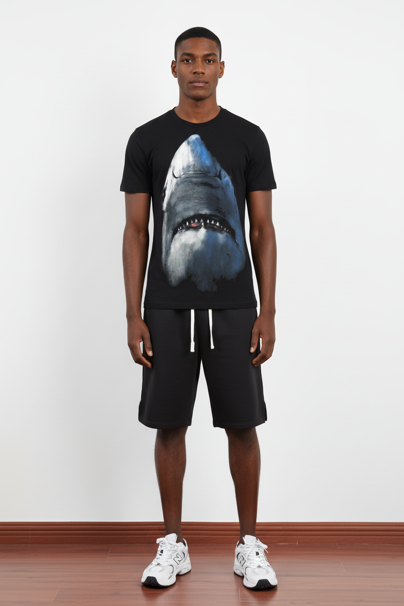 280 GSM Hyper-Realistic Shark Print DTG-Printed Heavyweight Cotton-Jersey Round Neck T-Shirt-PTTS001