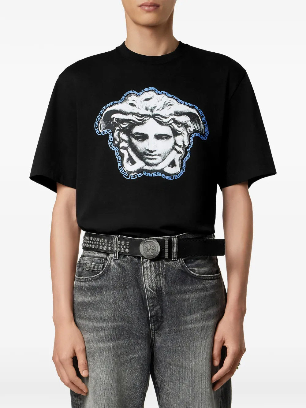 260GSM Black Medusa-Logo Print Relaxed-Fit Crewneck T-Shirt