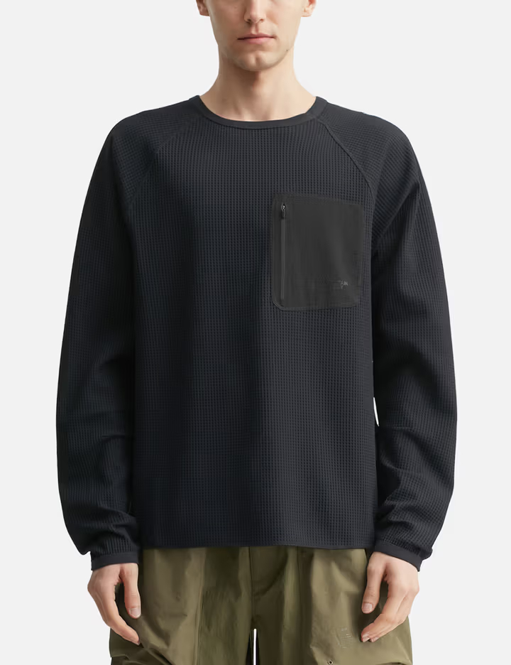 220GSM Men's Black Waffle Knit Tee with Raglan Sleeves & Zip Pocket