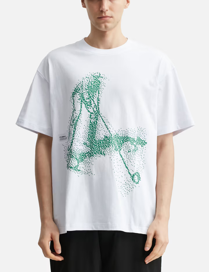 Men's White 280GSM Cotton Tee with Green Dot Matrix Graphic