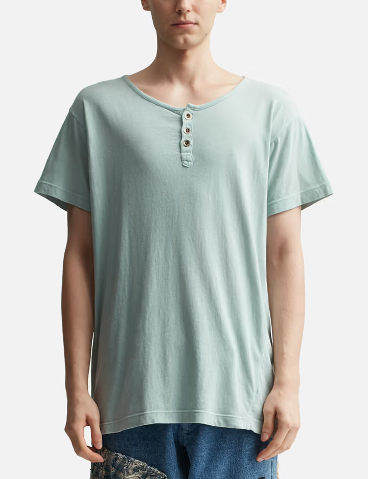 เสื้อยืดเฮนลีย์ทรงหลวมสำหรับผู้ชาย สีฟ้าไอซ์บลู ผ้าฝ้ายหนา 300 แกรม