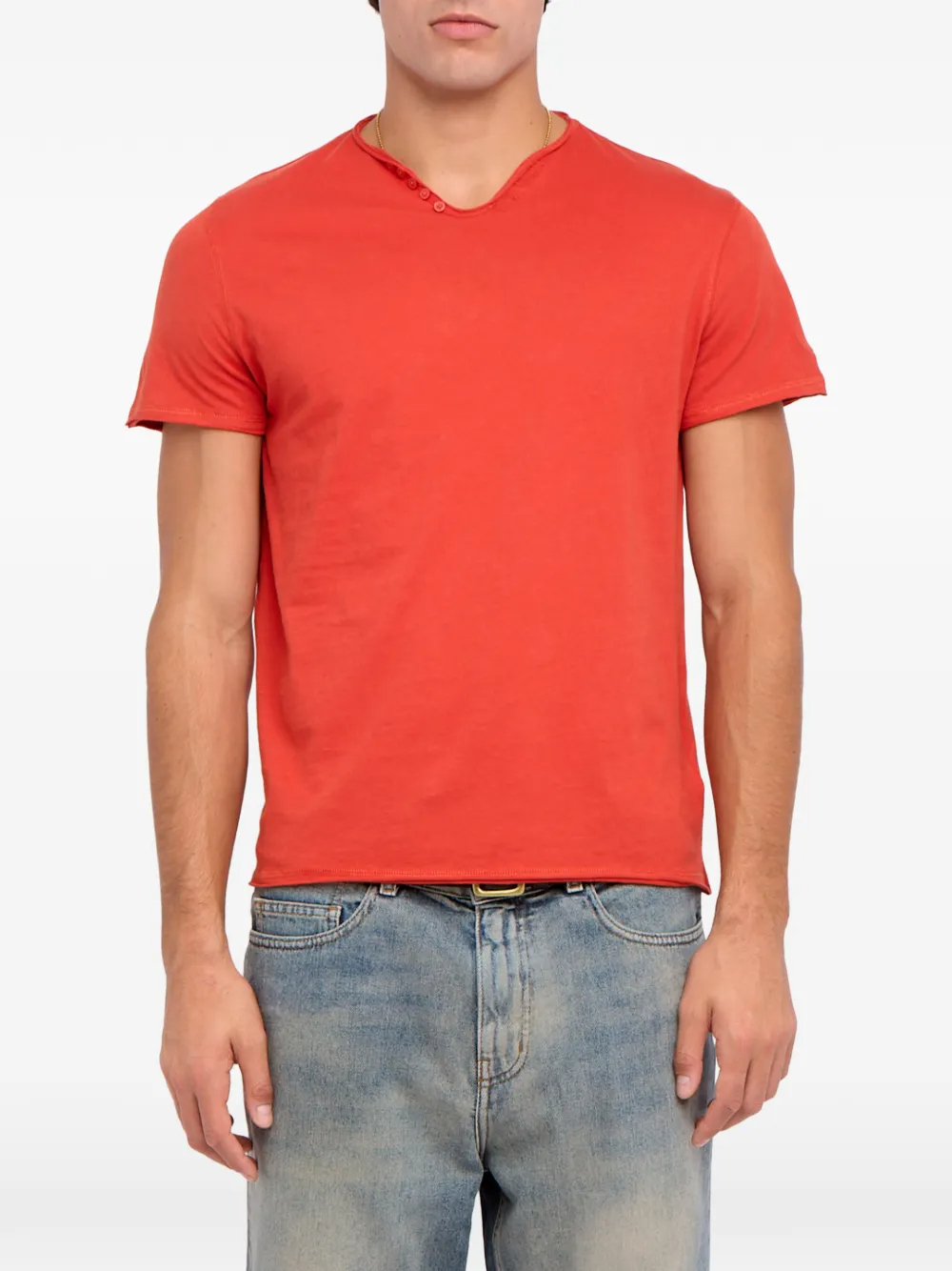Men's Orange 240GSM Organic Cotton Henley U-Neck T-Shirt with Raw Hem & Sleeve Logo 2