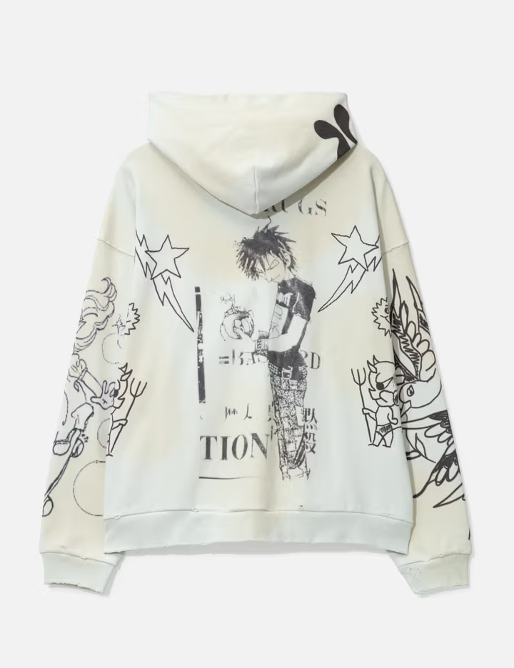 Sweat à capuche zippé gris pour homme, 320 g/m², délavé, avec imprimé graphique intégral et détails usés 3