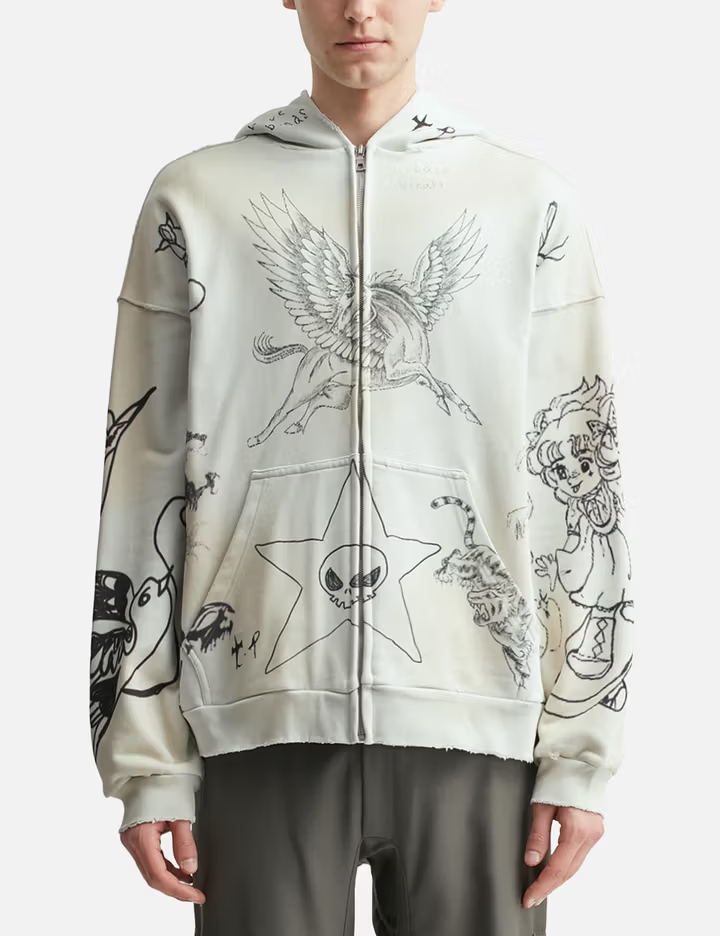 Sweat à capuche zippé gris pour homme, 320 g/m², délavé, avec imprimé graphique intégral et détails usés 1