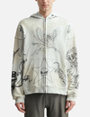 Sweat à capuche zippé gris pour homme, 320 g/m², délavé, avec imprimé graphique intégral et détails usés 1