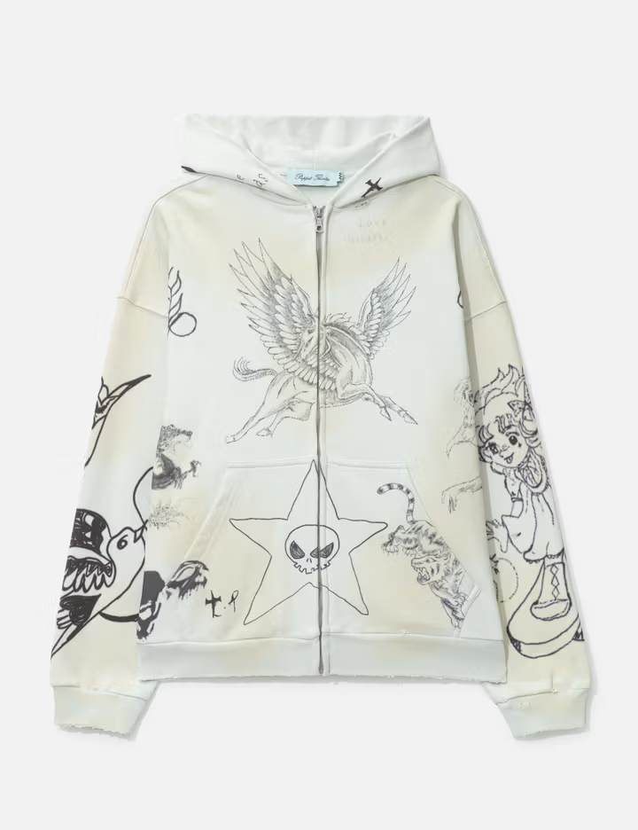 Sweat à capuche zippé gris pour homme, 320 g/m², délavé, avec imprimé graphique intégral et détails usés 2