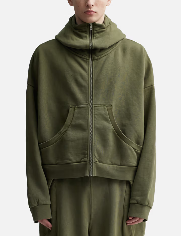 Sweat à capuche court zippé pour femme, couleur olive, doublure polaire brossée 350 g/m², finition vintage