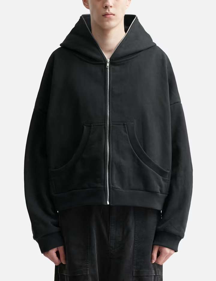 Sweat à capuche court zippé pour homme, en polaire brossée épaisse noire 510 g/m² avec fermeture éclair YKK