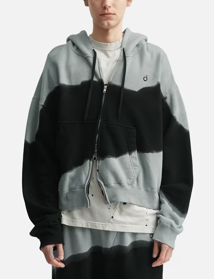 Sweat à capuche unisexe gris et noir 420 g/m² 100 % coton teint à la main, motif ondulé, fermeture éclair intégrale