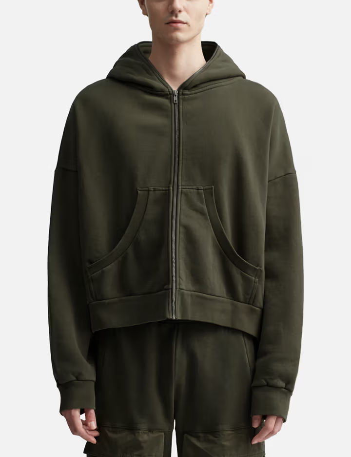 Sweat à capuche court zippé unisexe en coton biologique polaire brossé 420 g/m², couleur olive foncé