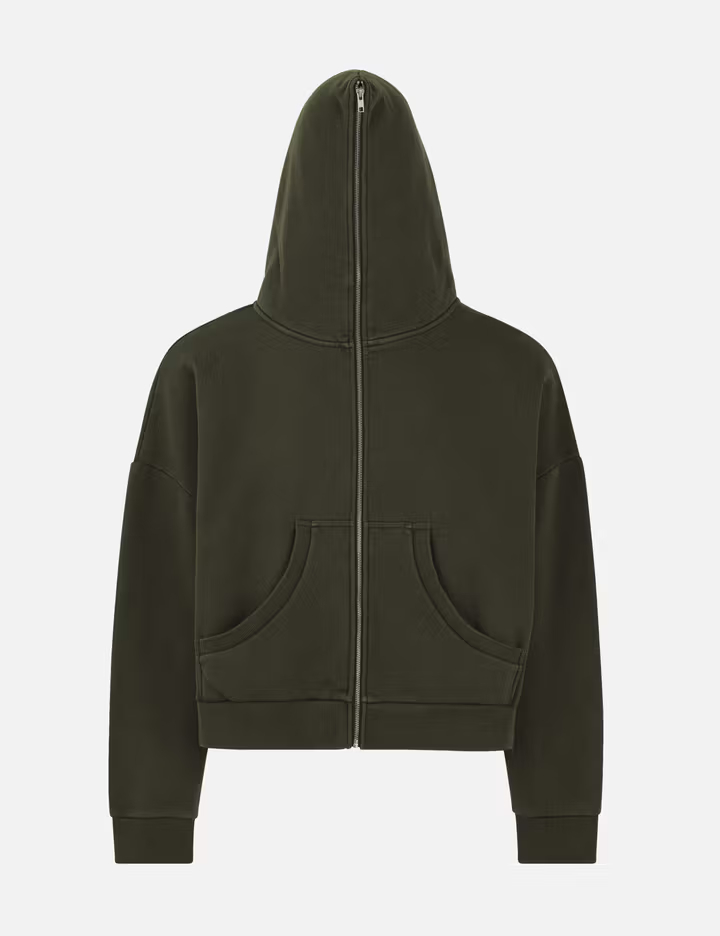 Unisex-Kapuzenpullover mit durchgehendem Reißverschluss, dunkeloliv, 420 g/m² gebürstetes Bio-Baumwollfleece, kurzer Schnitt, dunkelolivgrün, kurzer Schnitt, aus Bio-Baumwolle, kurzem Design und durchgehendem Reißverschluss 2