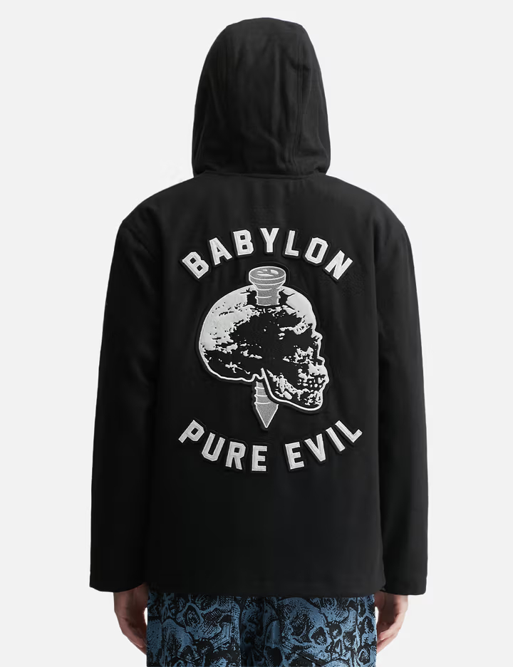 Unisex Siyah 480 GSM Yün Karışımı Yalıtımlı Fermuarlı Kapüşonlu Ceket, Kafatası Nakışlı 6
