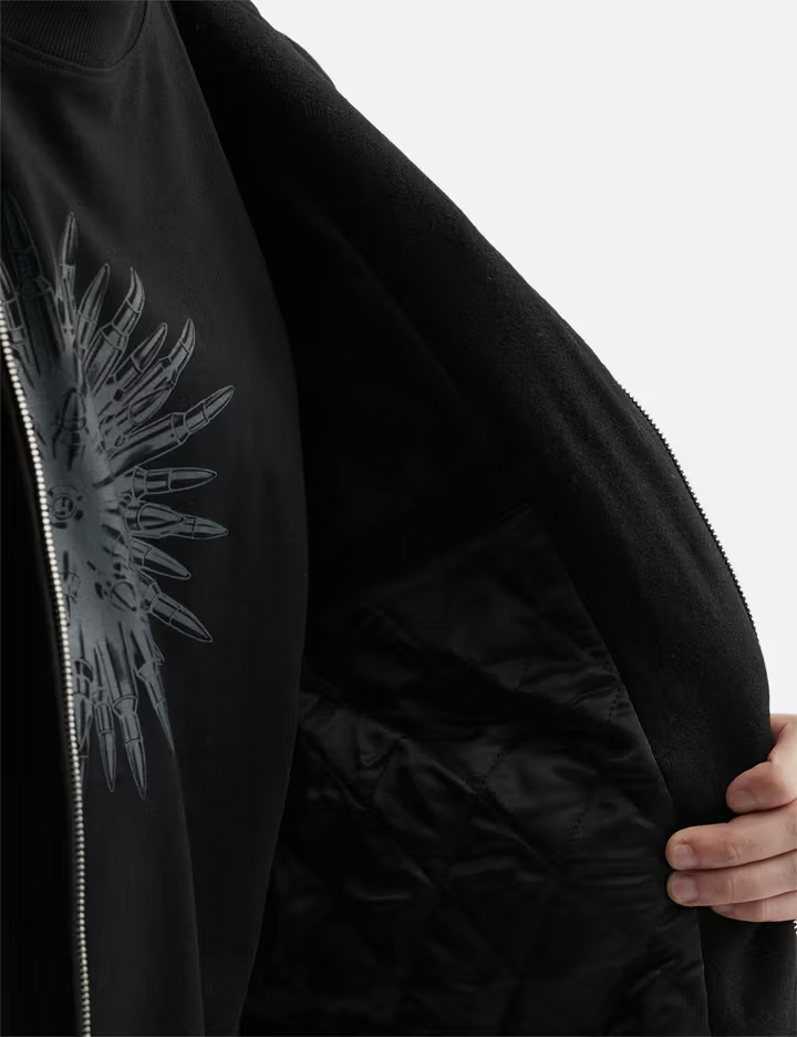Unisex Siyah 480 GSM Yün Karışımı Yalıtımlı Fermuarlı Kapüşonlu Ceket, Kafatası Nakışlı 4