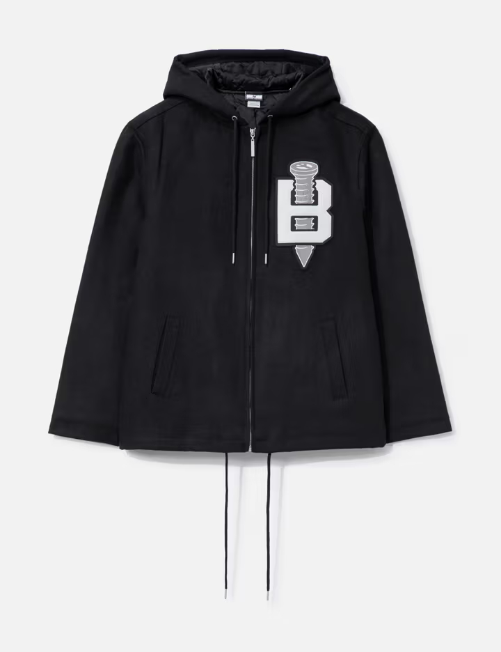 Unisex Siyah 480 GSM Yün Karışımı Yalıtımlı Fermuarlı Kapüşonlu Ceket, Kafatası Nakışlı 2