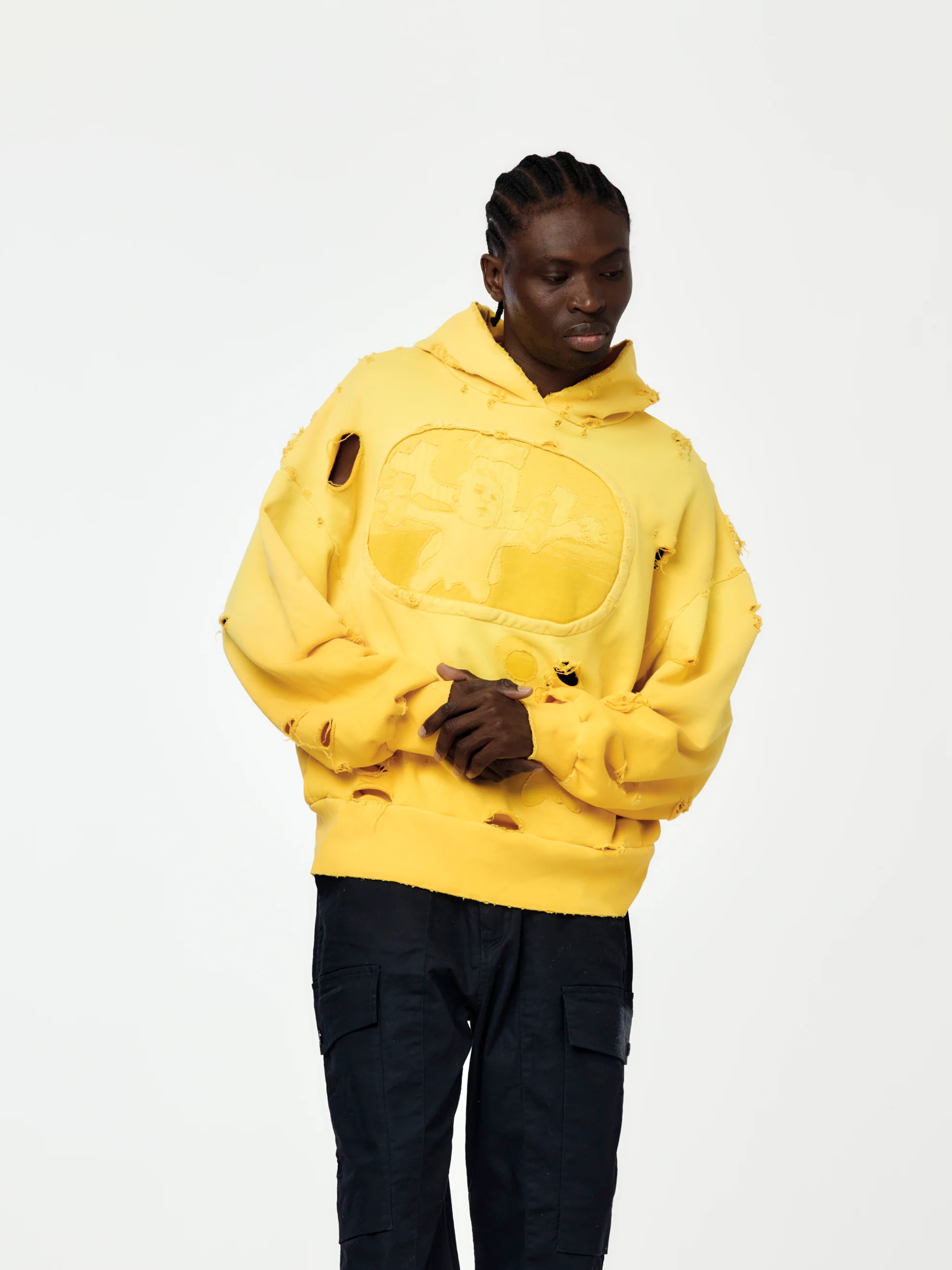 Unisex Yellow 420GSM 100% Cotton Heavily Hand-Distressed Hoodie with Nirvana Nevermind Hand-Sewn Graphics
