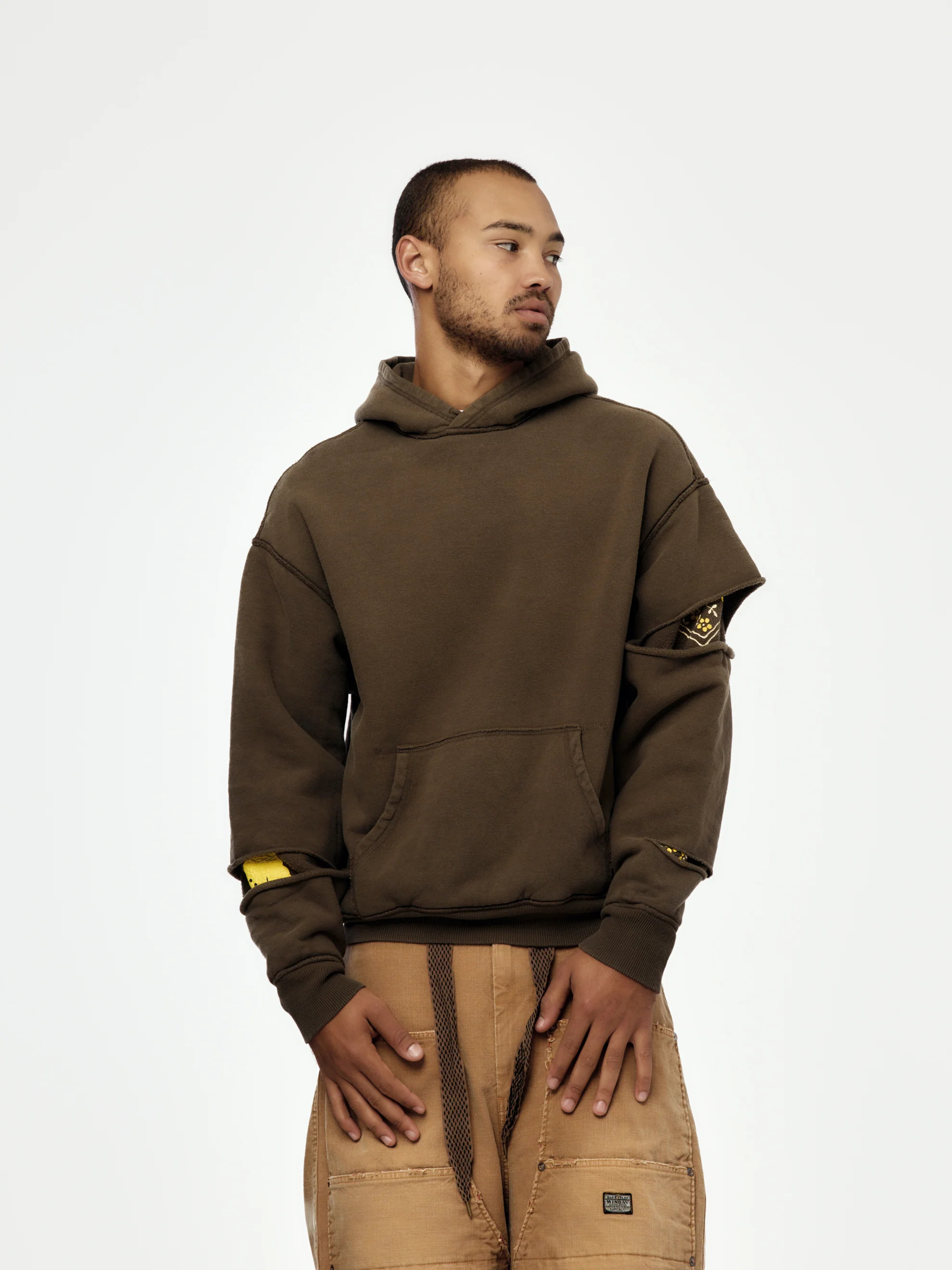 Unisex Brown 460GSM Knit Reversible Elbow Distressed Hooded Sweater with Graphic Details
