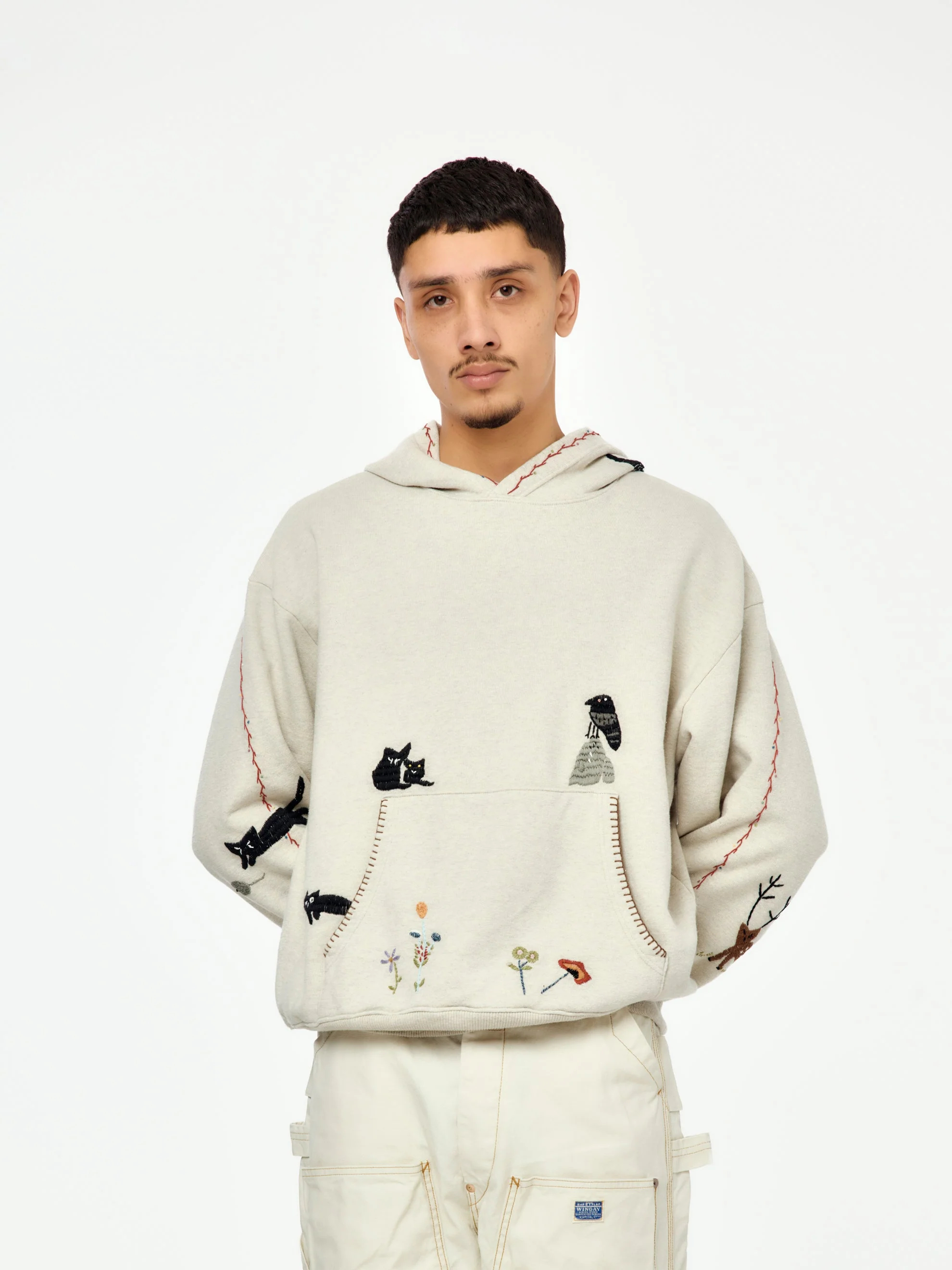 Unisex Ecru 420GSM Fleece-Back Cotton-Jersey Hoodie with Cat, Crow & Floral Embroidery