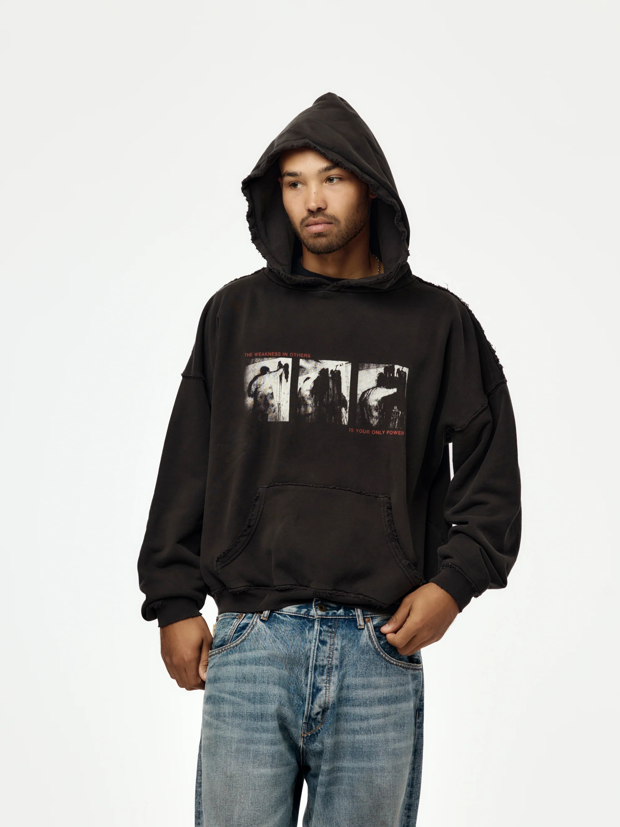 Unisex Faded Black 420GSM Heavyweight Fleece Hoodie with De La Tombe Raw Lens Graphic & Distressed Edges