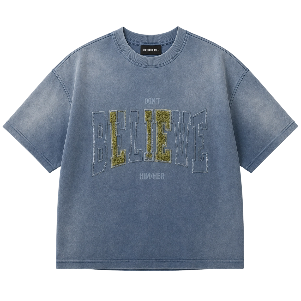 345GSM Heavy Cotton Bleach Washed Chenille Embroidery Graphic Tee