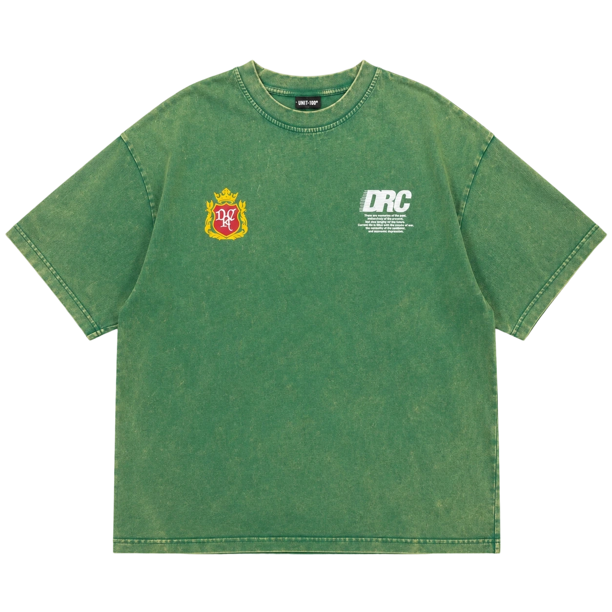 T-shirt oversize verde vintage da 230 g/m² con grafica streetwear DRC. 1