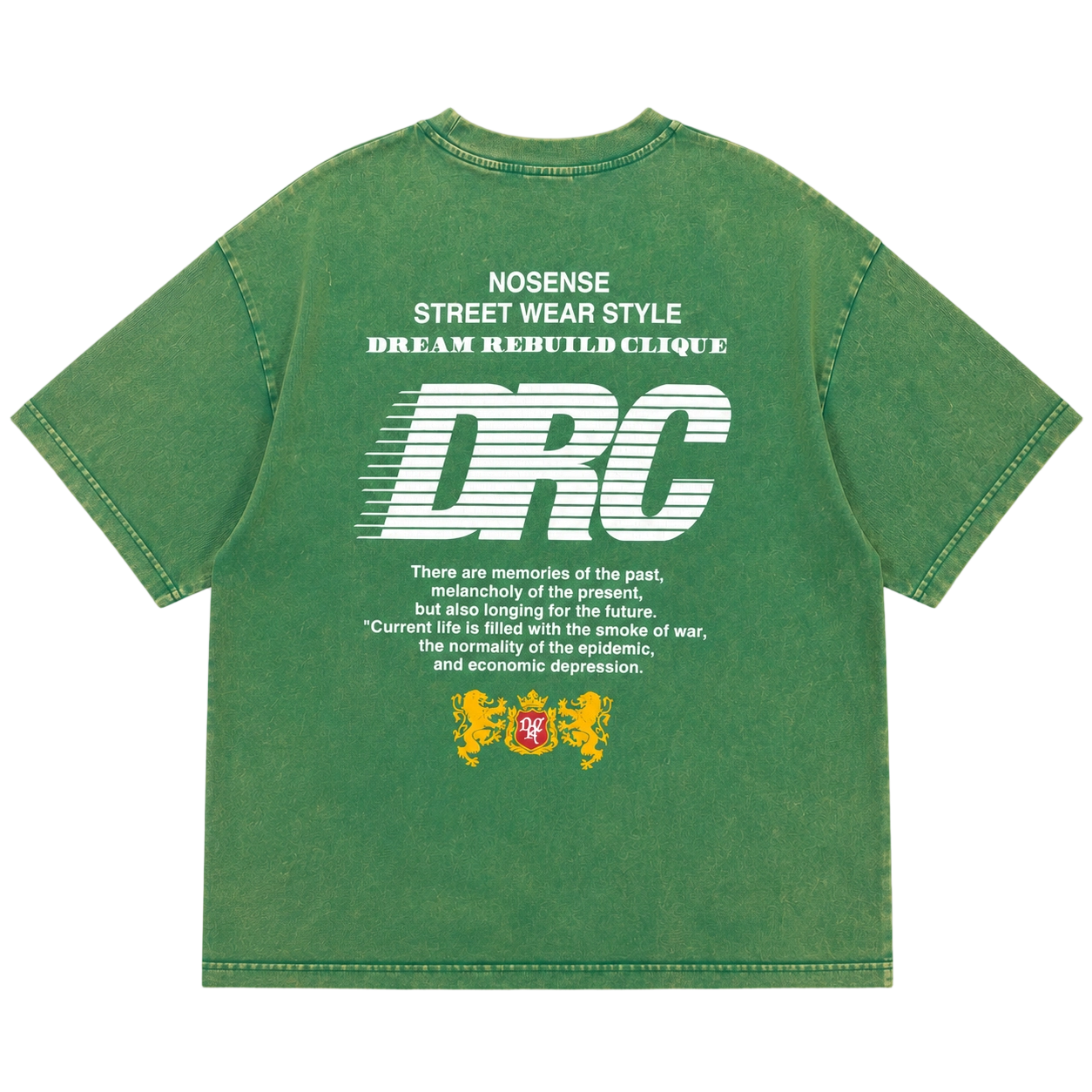 T-shirt oversize verde vintage da 230 g/m² con grafica streetwear DRC. 3