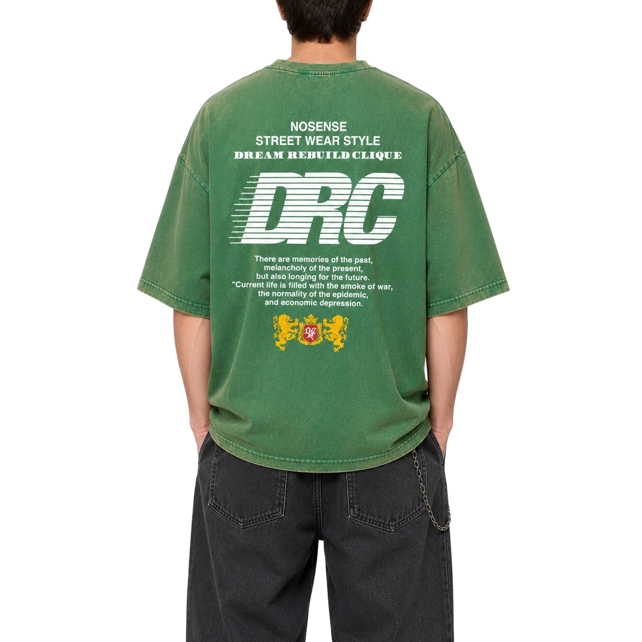 T-shirt oversize verde vintage da 230 g/m² con grafica streetwear DRC. 5