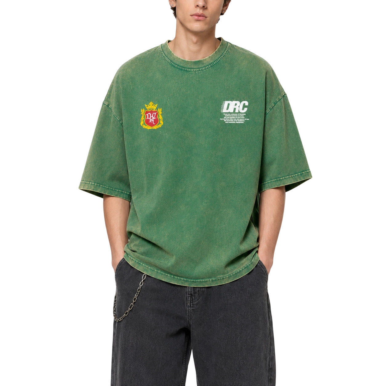 T-shirt oversize verde vintage da 230 g/m² con grafica streetwear DRC. 4
