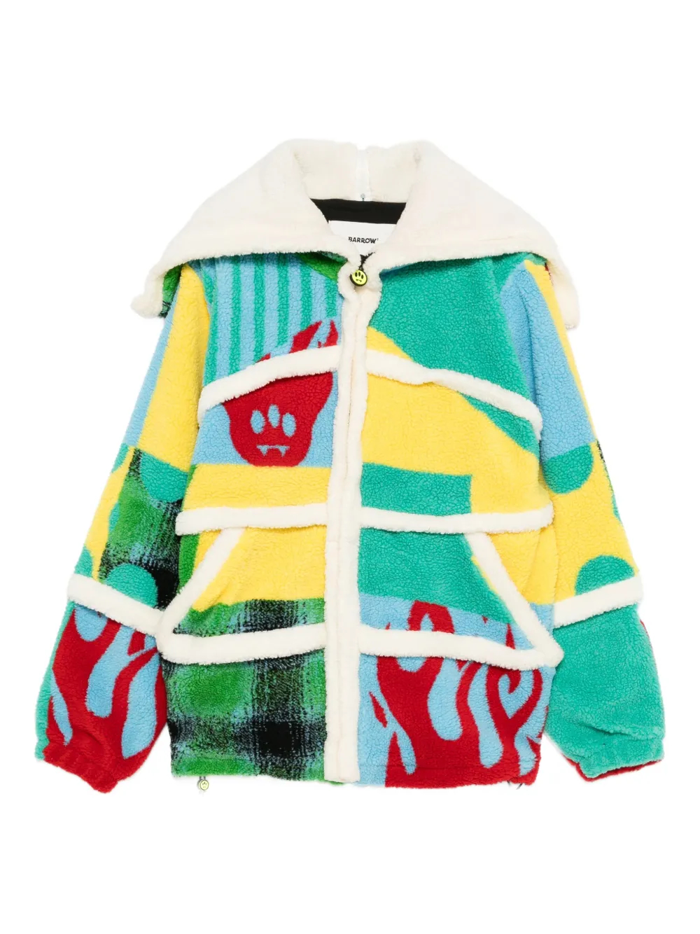 450G Colorblock Print Drawstring Hem  Faux-Fur Zip-up Drawstring Faux-Fur Collar Fleece Hoodie with Pocket-FHD005