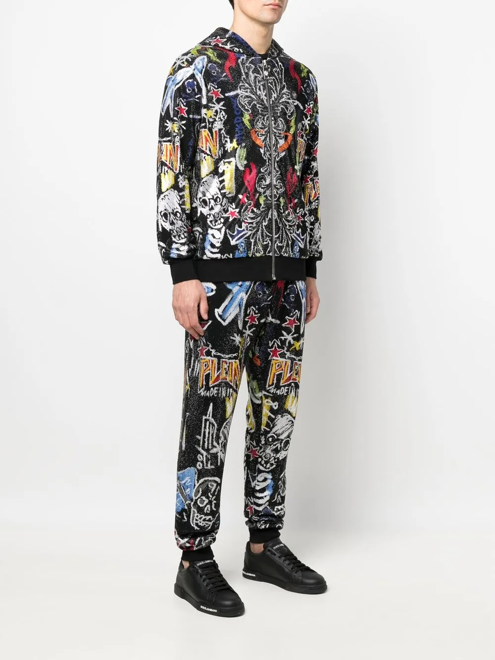 Ensemble de survêtement streetwear à col montant et imprimé graphique orné de strass (320 g) - SWTS002 3