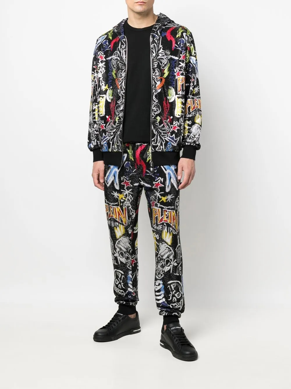 Ensemble de survêtement streetwear à col montant et imprimé graphique orné de strass (320 g) - SWTS002 2