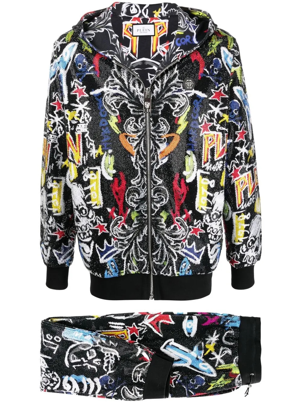 320G Rhinestone-Detail Graphic Print Full-Zip Stand Collar Streetwear Tracksuit Set-SWTS002